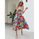 Vestido estampado de verão moda decote em v sem mangas maxi vestidos longos casual elegante novo vestido de férias robe femme