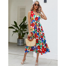 Vestido estampado de verão moda decote em v sem mangas maxi vestidos longos casual elegante novo vestido de férias robe femme