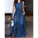 Vestido Jeans feminino colarinho de lapela, sem mangas