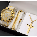 Conjunto masculino relogio original + corrente banhado + pulseira luxo