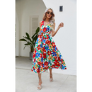 Vestido estampado de verão moda decote em v sem mangas maxi vestidos longos casual elegante novo vestido de férias robe femme