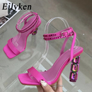 Salto alto feminino diamante, tornozelo cinta seda cetim - EILYKEN