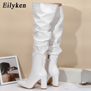 Bota Longa Estilo Punk Salto Quadrado com Zíper Plissado